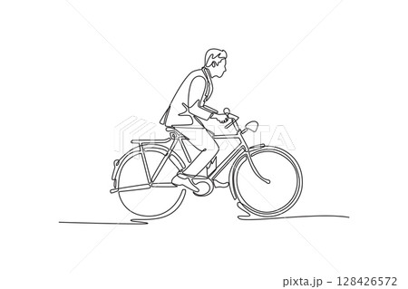 Continuous one line drawing side view stylish businessman going to work by bike. Male worker go to work office with his bicycle. Healthy lifestyle. Single line draw design vector graphic illustration 128426572