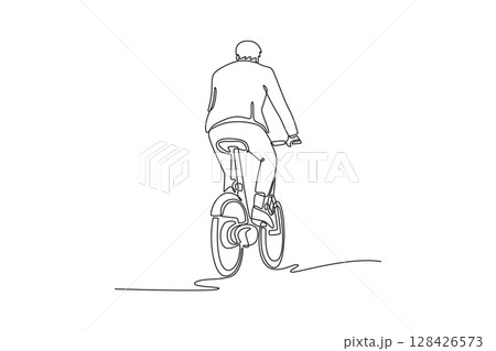 Continuous one line drawing back view young businessman commuter with electric bicycle traveling home from work. Commute on bike, healthy lifestyle. Single line draw design vector graphic illustration 128426573