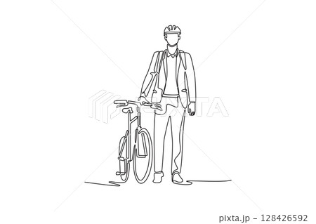 Single one line drawing young businessman with helmet and backpack posing next to his bicycle. Eco friendly transport, healthy active lifestyle. Continuous line draw design graphic vector illustration Single one line drawing young businessman with helmet and backpack posing next to his bicycle. Eco friendly transport, healthy active lifestyle. Continuous line draw design graphic vector illustration 128426592