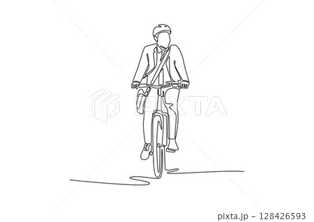 Single one line drawing young business executive with helmet and briefcase commuting by bike happy. Commute on bike, healthy lifestyle. Modern continuous line draw design graphic vector illustration Single one line drawing young business executive with helmet and briefcase commuting by bike happy. Commute on bike, healthy lifestyle. Modern continuous line draw design graphic vector illustration 128426593