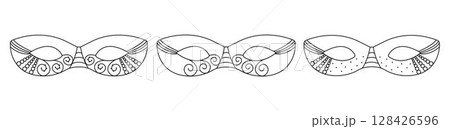 Monochrome masquerade masks set, black line vector illustration collection 128426596