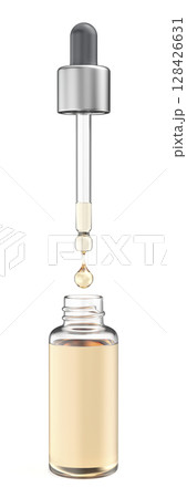 Opened glass dropper bottle with pipette Opened glass dropper bottle with pipette 128426631