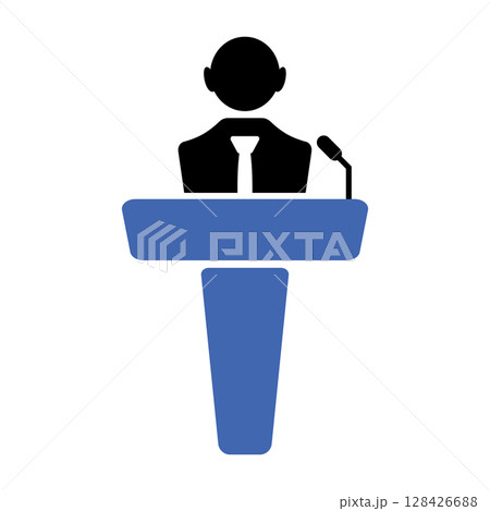 Public Speaker Icon at Podium with Microphone Vector Illustration. A simplified silhouette of a person standing behind a blue podium, delivering a speech. 128426688