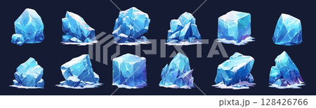 ice block cartoon set. frozen blocks, iceberg rock winter snow element decor water cold stone cube vector illustration 128426766
