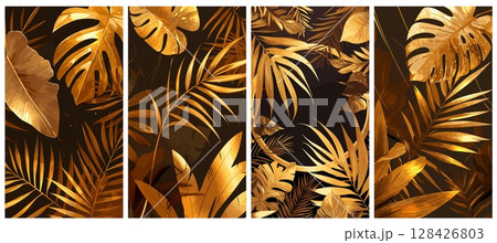 golden tropical leaves cartoon exotic background metallic luxury design decor frame banana palm leaf gold black monstera vector illustration 128426803