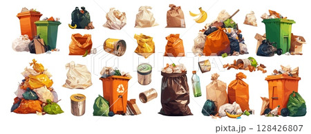 garbage set cartoon. overflowing orange green yellow trash bins bags, street pollution city waste metal can cellophane plastic bottle problem ecology vector illustration 128426807