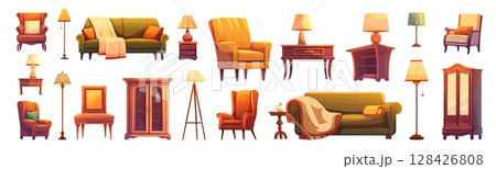 furniture cartoon set. interior items, green yellow brown wooden sofa chair lamp cabinet chest of drawers table nightstand armchair home comfort element decor vector illustration furniture cartoon set. interior items, green yellow brown wooden sofa chair lamp cabinet chest of drawers table nightstand armchair home comfort element decor vector illustration 128426808