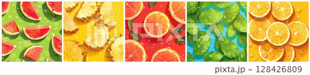 fruits summer background set. watermelon pineapple grapefruit orange mint lies on green yellow red blue table, summer vitamins fruit slices juice juicy fresh drink vector illustration 128426809