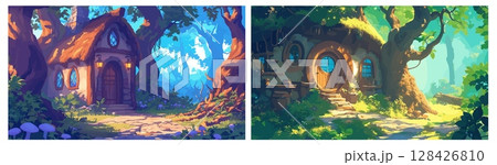 forest houses cartoon background. fairy tale house, elf magician wizard round door stone thatched roof housing hut bright fantasy vector illustration 128426810