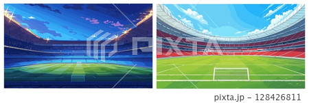 football field background set. stadium cartoon, soccer sport competition championship game arena lawn blue sky clouds gate vector illustration football field background set. stadium cartoon, soccer sport competition championship game arena lawn blue sky clouds gate vector illustration 128426811