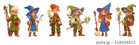 elves cartoon set. girl boy fairy forest character, child gnome elf green blue suit hat cap magic staff vector illustration 128426813
