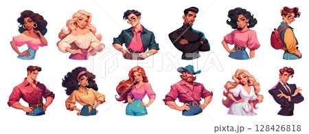 character woman man cartoon stylish. fashion vintage girl guy brunette brown-haired redhead african american cowboy businessman artist actor singer white dress yellow pink blouse vector illustration 128426818