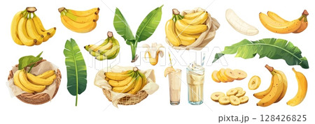 bananas set cartoon. banana leaf cocktail, drink smoothie tropical healthy wholesome food basket bunch green sweet yellow fresh fruit vector illustration 128426825