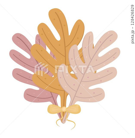 Three autumn leaves of acorn, fall foliage bouquet of oak, color vector atmospheric illustration in boho style 128426829