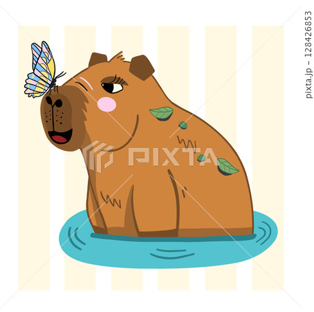 capybara butterfly cartoon vector showing cute animal in swamp with insect on nose adorable calm wildlife illustration for nature and children themes 128426853