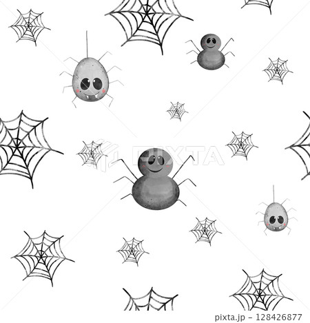 Seamless Halloween pattern with cute smiling spiders and spiderwebs on a white background. Hand-painted watercolor children's illustration. Perfect for textiles, wrapping paper, and festive decor. Seamless Halloween pattern with cute smiling spiders and spiderwebs on a white background. Hand-painted watercolor children's illustration. Perfect for textiles, wrapping paper, and festive decor. 128426877