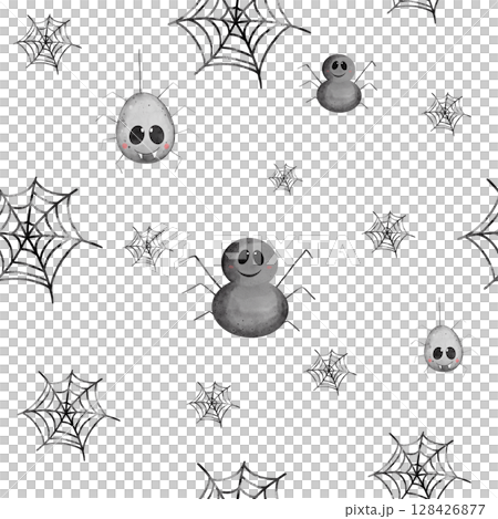 Seamless Halloween pattern with cute smiling spiders and spiderwebs on a white background. Hand-painted watercolor children's illustration. Perfect for textiles, wrapping paper, and festive decor. Seamless Halloween pattern with cute smiling spiders and spiderwebs on a white background. Hand-painted watercolor children's illustration. Perfect for textiles, wrapping paper, and festive decor. 128426877