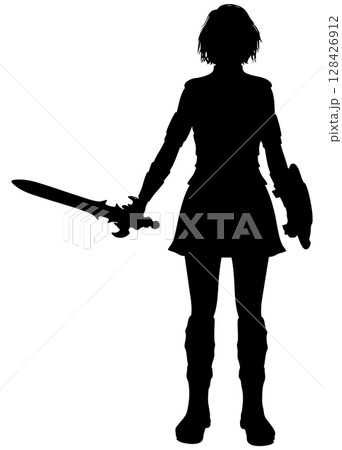 Woman warrior with sword and shield silhouette 128426912