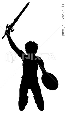 Woman warrior with sword and shield silhouette 128426914