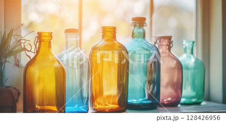 Colorful Glass Bottles Sunlight Windowsill Still Life Home Decor art blue pink retro amber green Colorful Glass Bottles Sunlight Windowsill Still Life Home Decor art blue pink retro amber green 128426956