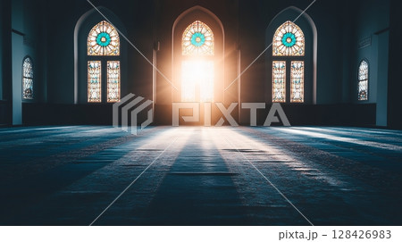 Sunlit Mosque Interior Tranquil Stained Glass Windows Peaceful Spiritual Divine Light Architecture Sunlit Mosque Interior Tranquil Stained Glass Windows Peaceful Spiritual Divine Light Architecture 128426983