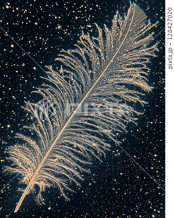 Elegant Golden Feather Detailed Macro Shot Sparkling Night art bird dark fine soft light image style 128427020