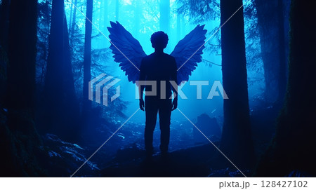 Silhouette Angel Wings Mysterious Blue Forest Fantasy Dreamlike Figure Man Dark Hope Holy Dark Deep Silhouette Angel Wings Mysterious Blue Forest Fantasy Dreamlike Figure Man Dark Hope Holy Dark Deep 128427102