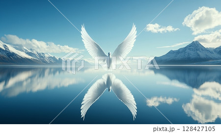 Serene White Dove Peaceful Mountain Lake Reflection Nature Serenity sky art calm bird blue snow cold Serene White Dove Peaceful Mountain Lake Reflection Nature Serenity sky art calm bird blue snow cold 128427105