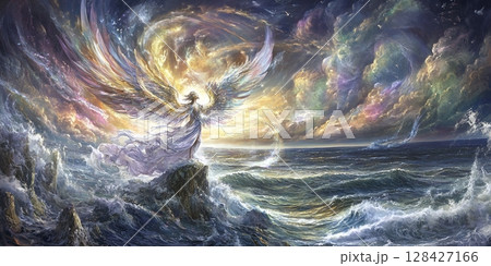 Angelic Being with Wings Ocean Waves Fantasy Art Divine Spiritual Sky Hope Blue Rock Faith Light 128427166