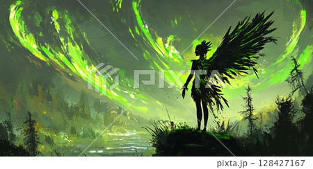 Green Fantasy Angel Wings Silhouette Nature Art Painting Digital Artwork Sky Dark Glow Lime Woman 128427167