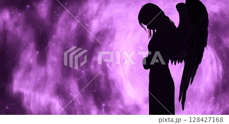 Silhouette Angel Wings Purple Galaxy Background Spiritual Fantasy Art Sad Girl Dark Woman Magic 128427168