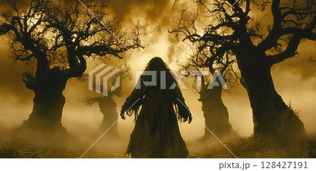 Mysterious Figure in Foggy Forest Ancient Trees Dark Silhouette Supernatural Horror Scene old mist 128427191