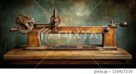 Antique Rustic Metal Printing Press Vintage Machine Old Wood tool gear aged life brown green rusty 128427216