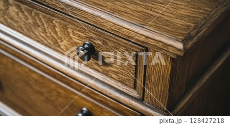 Dark Brown Wooden Chest Drawers Detail Closeup Antique Furniture oak old home rich knob pull room 128427218