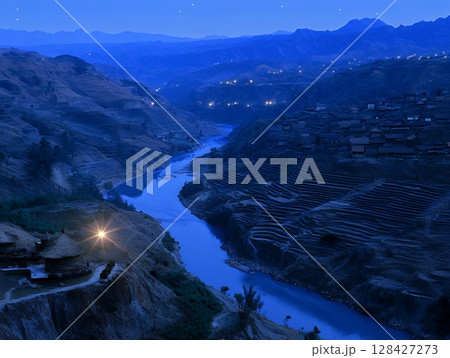 Serene Night River Valley Village Scenic Landscape Tranquil Blue Mountains Starry Sky Dark Dusk Calm 128427273