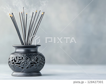 Burning Incense Sticks in Elegant Black Vase Aromatic Relaxation Zen Atmosphere Home Decor calm gray 128427301