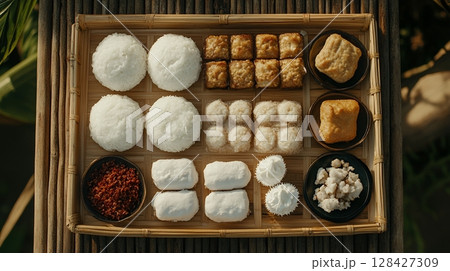 Delicious Asian Cuisine Variety Rice Cakes Sweets Food Tray top red meal view life snack still white Delicious Asian Cuisine Variety Rice Cakes Sweets Food Tray top red meal view life snack still white 128427309