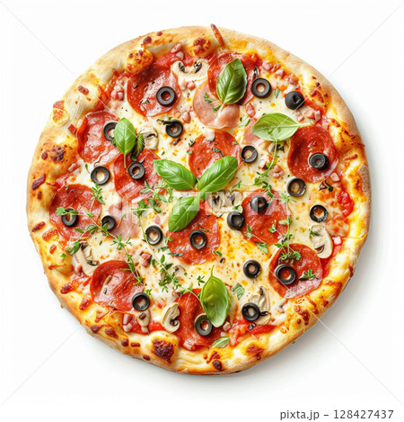Gourmet Italian pizza, featuring pepperoni, ham, mushrooms, black olives, and fresh basil leaves, on a crisp crust, isolated on white. 128427437