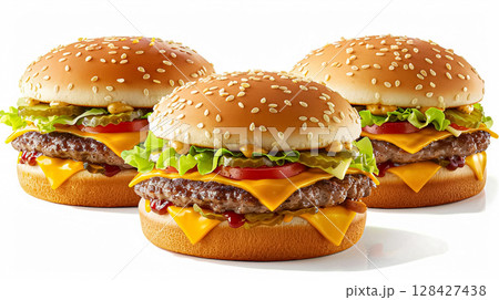 Perfect juicy cheeseburgers with all the fixings, including melted cheese, fresh lettuce, tomatoes, onions, and pickles on sesame seed buns. 128427438