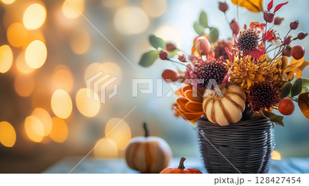 Elegant autumn floral arrangement in warm, muted tones against a bokeh background of golden light. 128427454