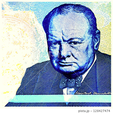 Winston Churchill portrait 5 pounds sterling Bank of England. 128427474