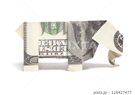Origami Elephant made of one hundred dollar banknote on white background Origami Elephant made of one hundred dollar banknote on white background 128427477