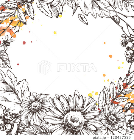 Square autumn frame with a sunflower centerpiece and watercolor splashes. Created in hand drawn illustration technique with fine line art and warm seasonal elements. 128427559