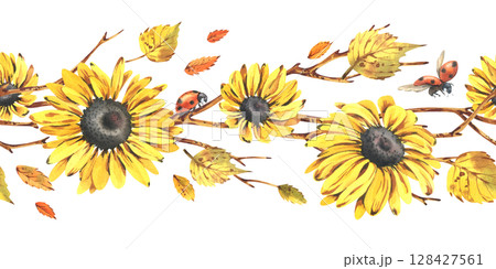 Sunflowers yellow, rudbeckia with birch leaves, branches and ladybugs. Watercolor illustration of seamless autumn border, floral garland. Hand drawn arrangement is perfect for seasonal decor 128427561