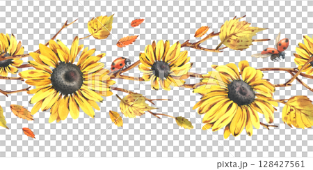 Sunflowers yellow, rudbeckia with birch leaves, branches and ladybugs. Watercolor illustration of seamless autumn border, floral garland. Hand drawn arrangement is perfect for seasonal decor 128427561