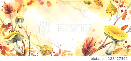 Watercolor illustration of mushrooms, yellow russula, dry leaves and branches in autumn horizontal template, hand-drawn frame. Ideal for seasonal compositions and decorative backgrounds for text. Watercolor illustration of mushrooms, yellow russula, dry leaves and branches in autumn horizontal template, hand-drawn frame. Ideal for seasonal compositions and decorative backgrounds for text. 128427562