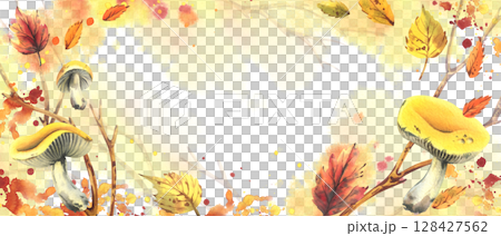 Watercolor illustration of mushrooms, yellow russula, dry leaves and branches in autumn horizontal template, hand-drawn frame. Ideal for seasonal compositions and decorative backgrounds for text. Watercolor illustration of mushrooms, yellow russula, dry leaves and branches in autumn horizontal template, hand-drawn frame. Ideal for seasonal compositions and decorative backgrounds for text. 128427562