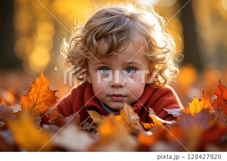Cute child in autumn leaves. 128427920