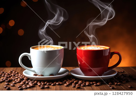Two coffee cups on saucers with steam rising, surrounded by coffee beans. Two coffee cups on saucers with steam rising, surrounded by coffee beans. 128427950