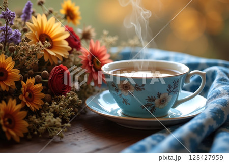 Steaming cup with flowers. Steaming cup with flowers. 128427959